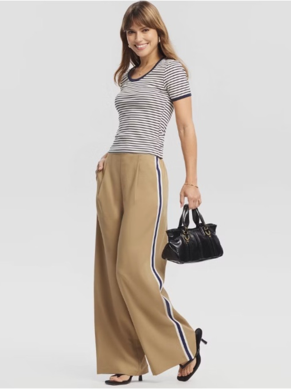 Wide Leg Track Stripe Pants in Tan